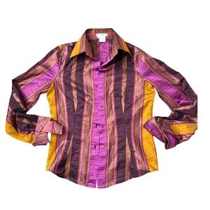 Nara Camicie Italy Purple Striped Metallic Long Sleeve Button Down Shirt GG34